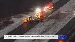 DRONE VIDEO | I-271 closed in both directions due to tanker truck rollover, Hazmat on scene