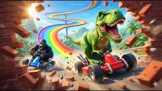 🏎️ Wild Animals Go Kart RACING! T-Rex vs Gorilla vs Tiger (Giant Food Challenge) 🍌