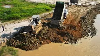 Stronger Komatsu Bulldozer Working Pushing Dirt Building Road And 10 Wheeler Truck Unloading Dirt