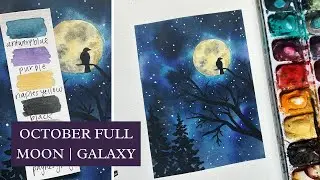 WATERCOLOR Spooky Full Moon TUTORIAL | BEGINNER GALAXY with Pine Trees & Bird | October Painting