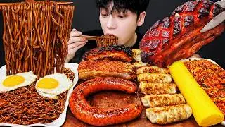 ASMR MUKBANG Домашняя грудинка, лапша в черном соусе, пельмени и колбаски шоу