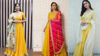 Floor touch Yellow long gown designs