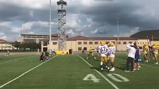Joe Brady coaches the WRs and QBs in a drill at preseason practice No. 16