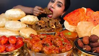 Eating Spicy Mutton Curry Egg Masala Fry Chicken Kosha Puri Gravy Salad 