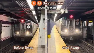 Before/After F/M Swap: R160/R179 E, F Express, M, R Local, and R42 Garbage Trains at Queens Plaza