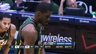 Derrick Favors huge and1 slam on Andris Biedrins