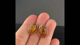 Vintage Arts and Crafts Style Silver Baltic Amber Cabochon Earrings