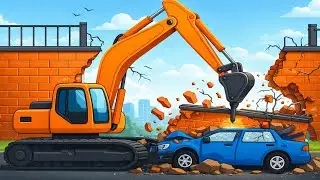 Demolition Time! 🚧💥 | Excavator Breaks Through the Wall and Crashes the Car | Vehicles Animation