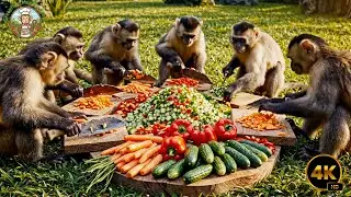 ग्रैंड मंकी विलेज दावत Grand Monkey Village Feast #monkeycooking   #monkeycookingvillagecooking