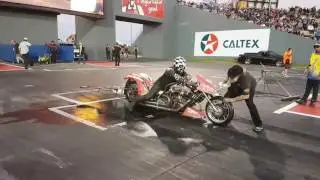 Mark Drew's nitro Harley blasts a 6.56 Perth Motorplex Outlaw Funny Car event