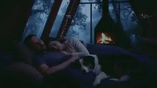 Forest Rain in Wooden Cabin with Fireplace | Deep Sleep Background Sounds with Rain on the window