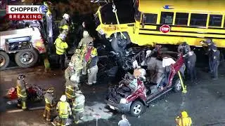 4-vehicle crash involving school bus leaves at least 1 dead