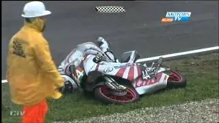 Riccardo Moretti falls off his bike after finishing 3rd