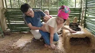 Build a Stove With Earth. Single Mother Taking Care of Her Family and Son