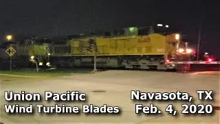 Rare! UP 6148 with flashing ditch lights leads wind turbine blades through Navasota