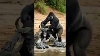 amazing gorilla rescue buffalo from many crocodile at riverbank #animallife #gorila #life#animallife