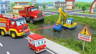 Stuck in the Mud Pit! Mega-Winch Rescue!  Robocar Poli  Off-Road Safety & Winching for Kids