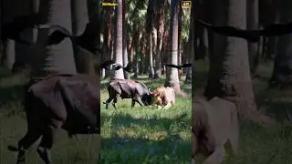 Lion Approaches a Bull Cautiously&hellip; Then the Unexpected Happens! #Lion #Bull #Jungle