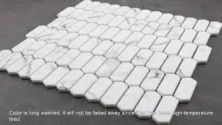 White Marble Look Inkjet Printed Long Hexagon Picket Recycled Glass Mosaic Tile