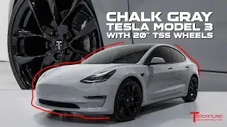 Изменение цвета по индивидуальному заказу 🔥 Tesla Model 3 в серой пленке Chalk Grey с 20-дюймовыми коваными дисками TSS Gloss Black Flow