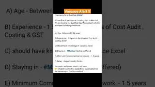 Vacancy Alert for CMA/CA Final passed| CMA Jobs |#jobvacancy #shortsfeed#recruitment #job #cmafinal