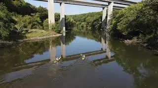 Drone view of the Kishwaukee river in the Gorge at the I-39 bridge