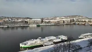 Prague, Vltava Timelapse - winter, snow, morning city and river