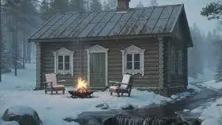 Modern Winter Cabin Ambience | Fire Pit, Flowing Stream & Forest Sounds