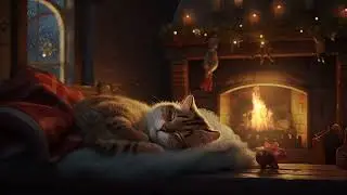 Cozy Cat Christmas | Snowfall and Fireplace Serenade for a Sleeping Feline