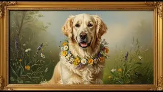 Frame TV Art With Music: Golden Retriever with Flower Crown | Dog Portrait Oil Painting