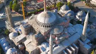 Istanbul, Turkey. Close-up aerial drone view of Hagia Sophia Mosque in Fatih district with mornin...