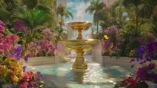 Paradise Garden with a Golden Fountain | Soothing Water Sounds & Birds Singing