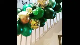 Stairways entrance balloons garland helium entry green gold confetti birthday decorations ideas