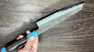Satoshi Nakagawa Aogami#1 Damascus Kurouchi Kiritsuke-Gyuto Knife 210mm Blue Turquoise-Ebony Handle