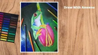 Easy frog drawing with soft pastels and color pencil for beginners - Step by step