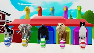 5 Giant Duck Cartoon, Cow, Elephant, Lion, Dinosaur, Paint Wild Animals Crossing Fountain Animation