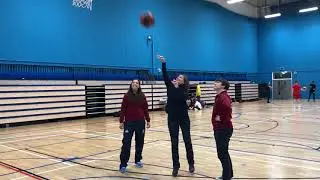 Jo Stevens MP playing basketball with Stef Collins