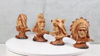 Set of 4 Native American Sioux Indian Tribal Warrior Chief Faux Wood Figurines