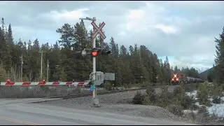 CPKC Trains at Castle Mountain MP 99.9, Laggan Sub, April 2025, Banff National Park, Alberta, Canada