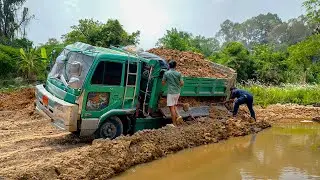 First Fail Dump Truck Drive Back Unloading to Delete Flooded Pond Recovery by Bulldozer KOMATSU D20P