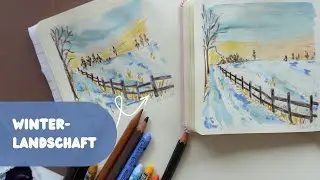 Lockere Winterlandschaft mit Aquarell und Buntstiften