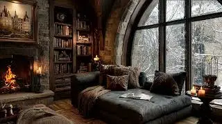 Winter Piano Room | Cozy Bedroom Piano Music While Snow Falls and Cold Wind Blows Outside