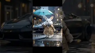 After stepping out of a luxury car, the rabbit walked in the rain with a blue umbrella #ai#rabbit