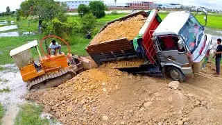 Wow!! The Guys Dump Truck 5T Drive Back Fail Deeping In Flood And Bulldozer Operation Up