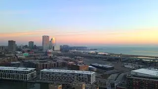 Milwaukee Wisconsin Sunrise Skyline video Aerial tour Lake Michigan Shore Drone