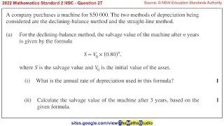 2022 Maths Standard 2 HSC Q27 Compare salvage values declining-balance vs straight line depreciation