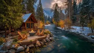 Pure Winter Tranquility ❄️ | Riverside Cabin Porch, Soft Birds & Fire Glow 🔥