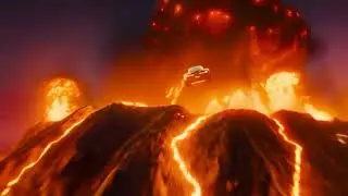 James bond chuggin a redbull after jumping over a volcano
