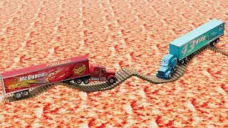 Mack Truck vs King Dinoco Truck vs Impossible Log Wave Bridge Crossing Cars Vs Deep LavaBeamNG.Drive
