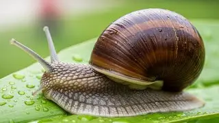 A snail crawling on the ground covered with fallen leaves